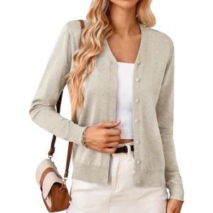GRACE KARIN Women’s Long Sleeve Button Down Vee Neck Classic Sweater Knit Cardigan(Light Apricot Heather)