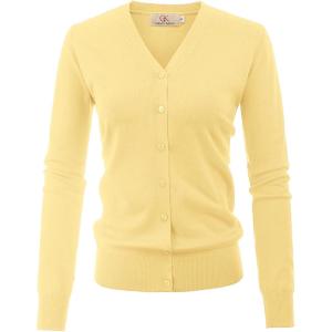 GRACE KARIN Women’s Long Sleeve Button Down Vee Neck Classic Sweater Knit Cardigan(Light Yellow)