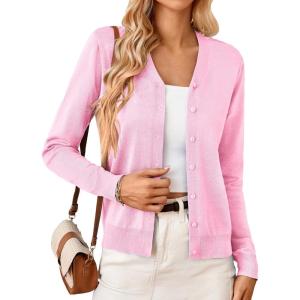 GRACE KARIN Women’s Long Sleeve Button Down Vee Neck Classic Sweater Knit Cardigan(Pink)