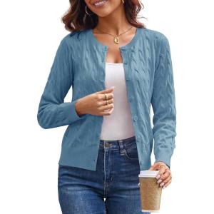 GRACE KARIN Womens Long Sleeve Button Up Cable Knit Cardigan Lightweight 2026 Crewneck Button Down Sweaters for Women(Blue Gray)