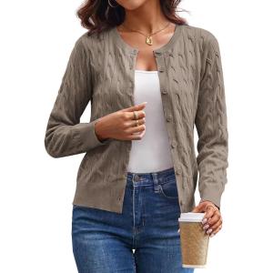 GRACE KARIN Womens Long Sleeve Button Up Cable Knit Cardigan Lightweight 2026 Crewneck Button Down Sweaters for Women(Brownish-gray)