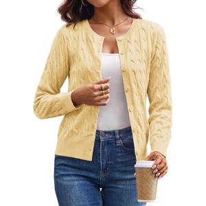 GRACE KARIN Womens Long Sleeve Button Up Cable Knit Cardigan Lightweight 2026 Crewneck Button Down Sweaters for Women(Butter Yellow)