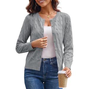 GRACE KARIN Womens Long Sleeve Button Up Cable Knit Cardigan Lightweight 2026 Crewneck Button Down Sweaters for Women(Heather Grey)