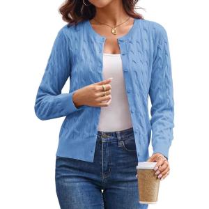 GRACE KARIN Womens Long Sleeve Button Up Cable Knit Cardigan Lightweight 2026 Crewneck Button Down Sweaters for Women(Light Blue)
