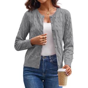 GRACE KARIN Womens Long Sleeve Button Up Cable Knit Cardigan Lightweight 2026 Crewneck Button Down Sweaters for Women(Light Heather Gray)
