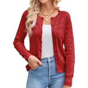 GRACE KARIN Womens Long Sleeve Button Up Cable Knit Cardigan Lightweight 2026 Crewneck Button Down Sweaters for Women(Red)