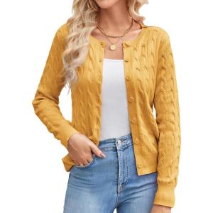 GRACE KARIN Womens Long Sleeve Button Up Cable Knit Cardigan Lightweight 2026 Crewneck Button Down Sweaters for Women(Yellow)
