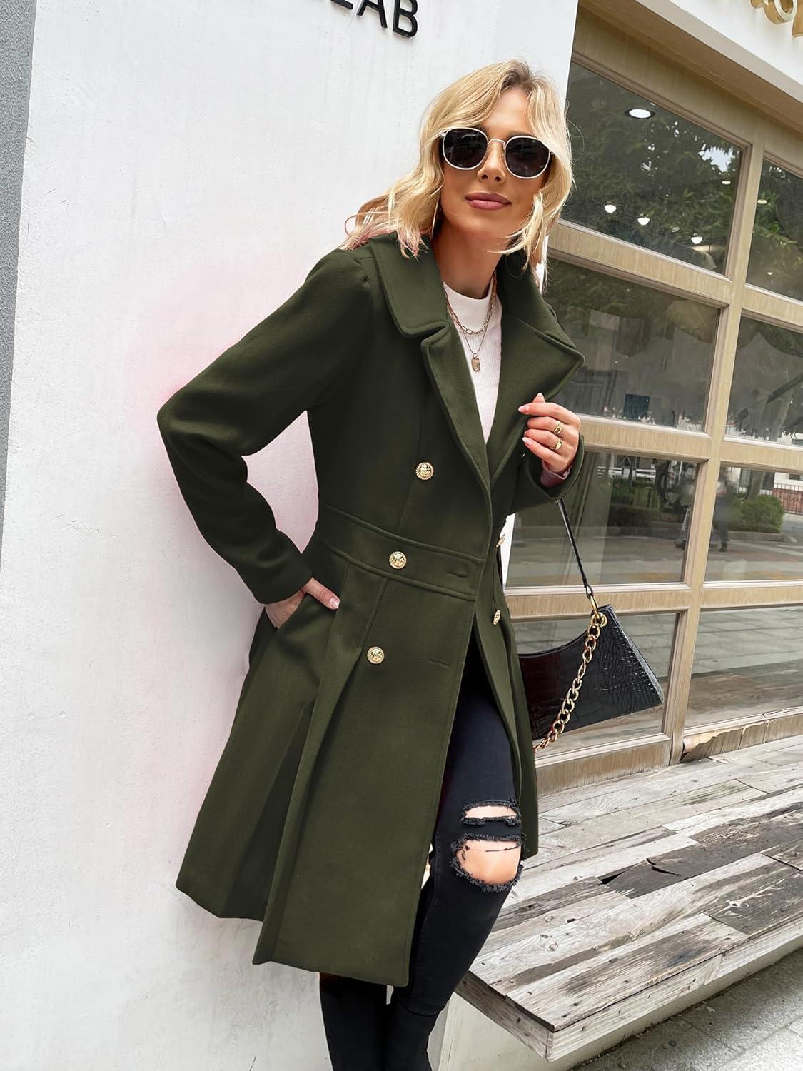 imageGRACE KARIN 2024 Womens Fashion Trench Coat Notch Lapel Double Breasted Thick A Line Pea Coats Jacket with PocketsS2XLArmy Green