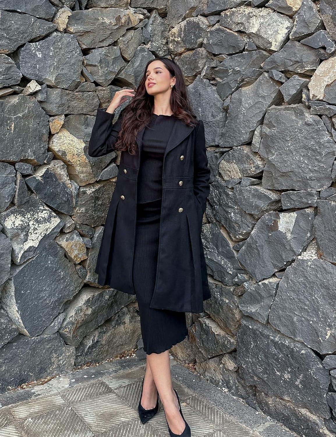 imageGRACE KARIN 2024 Womens Fashion Trench Coat Notch Lapel Double Breasted Thick A Line Pea Coats Jacket with PocketsS2XLBlack