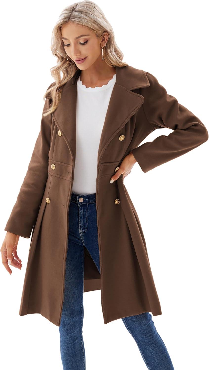 imageGRACE KARIN 2024 Womens Fashion Trench Coat Notch Lapel Double Breasted Thick A Line Pea Coats Jacket with PocketsS2XLBrown