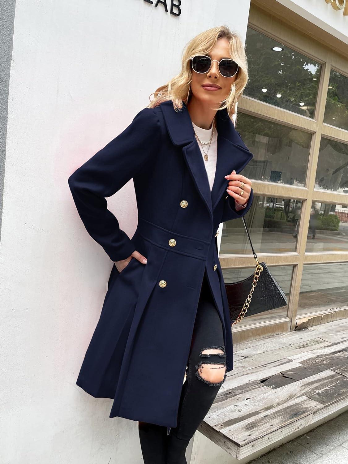 imageGRACE KARIN 2024 Womens Fashion Trench Coat Notch Lapel Double Breasted Thick A Line Pea Coats Jacket with PocketsS2XLDark Blue