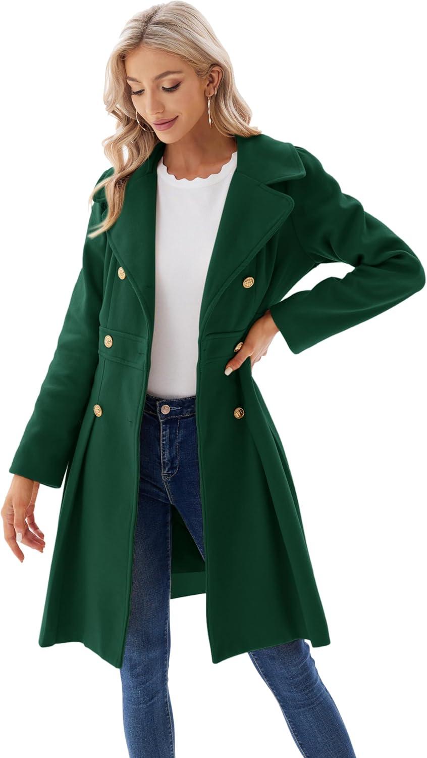 imageGRACE KARIN 2024 Womens Fashion Trench Coat Notch Lapel Double Breasted Thick A Line Pea Coats Jacket with PocketsS2XLDark Green