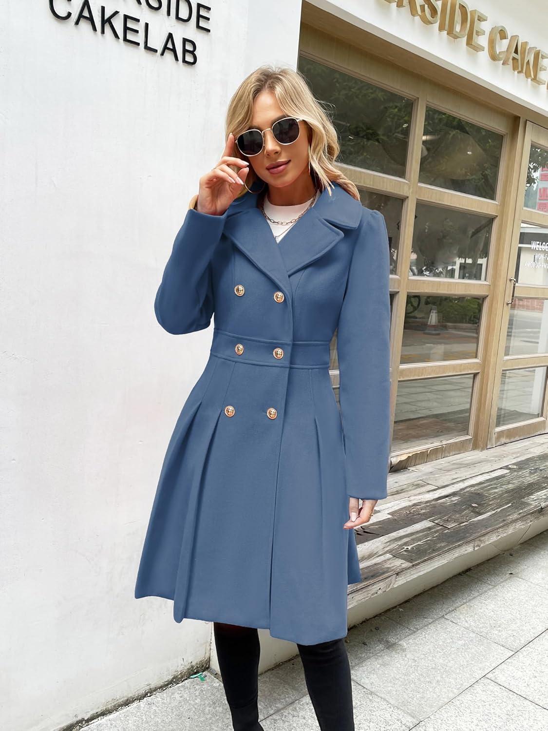 imageGRACE KARIN 2024 Womens Fashion Trench Coat Notch Lapel Double Breasted Thick A Line Pea Coats Jacket with PocketsS2XLGrey Blue