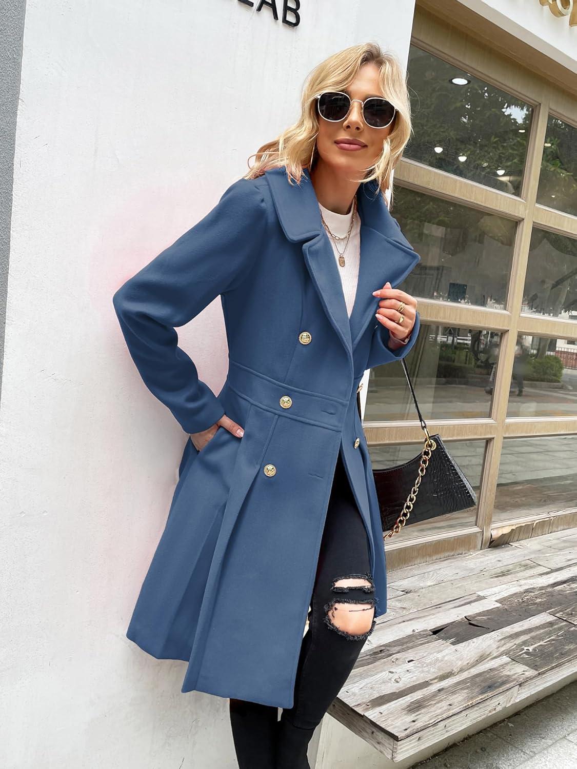 imageGRACE KARIN 2024 Womens Fashion Trench Coat Notch Lapel Double Breasted Thick A Line Pea Coats Jacket with PocketsS2XLGrey Blue