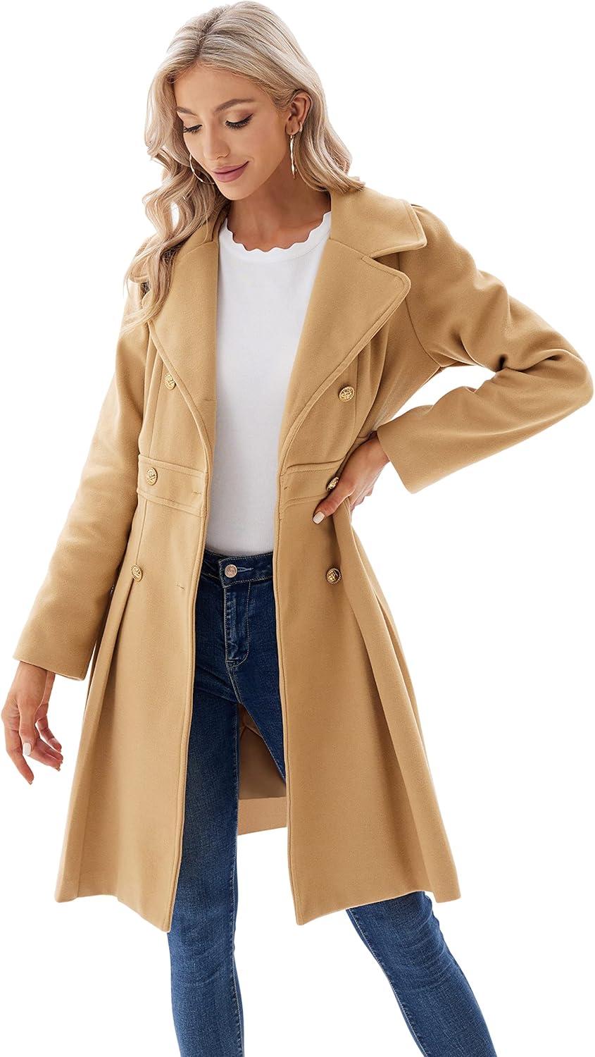 imageGRACE KARIN 2024 Womens Fashion Trench Coat Notch Lapel Double Breasted Thick A Line Pea Coats Jacket with PocketsS2XLKhaki