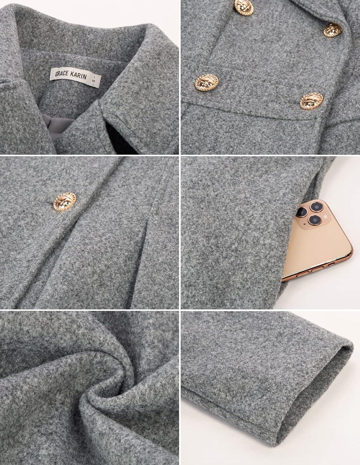 imageGRACE KARIN 2024 Womens Fashion Trench Coat Notch Lapel Double Breasted Thick A Line Pea Coats Jacket with PocketsS2XLLight Grey