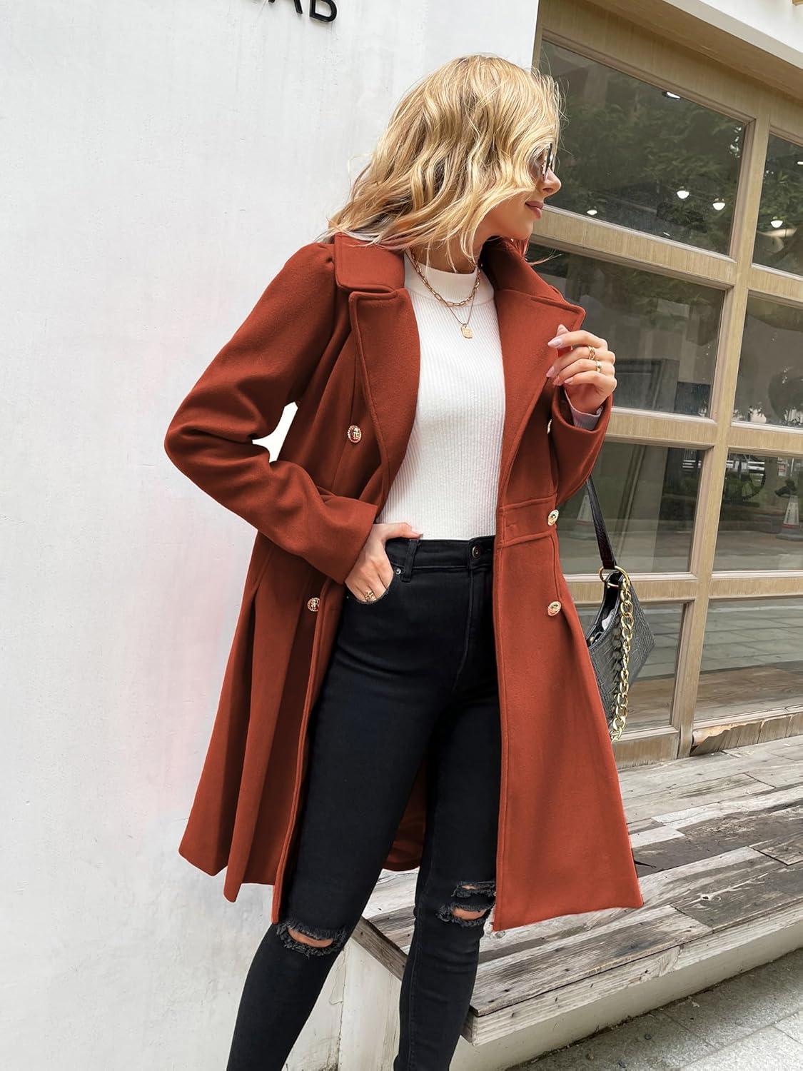 imageGRACE KARIN 2024 Womens Fashion Trench Coat Notch Lapel Double Breasted Thick A Line Pea Coats Jacket with PocketsS2XLOrange