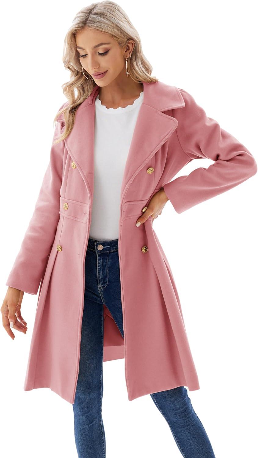 imageGRACE KARIN 2024 Womens Fashion Trench Coat Notch Lapel Double Breasted Thick A Line Pea Coats Jacket with PocketsS2XLPink
