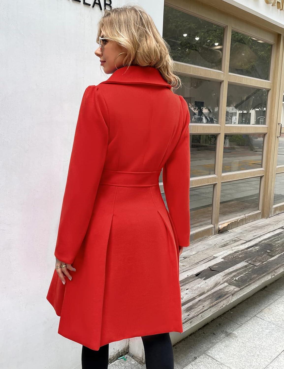 imageGRACE KARIN 2024 Womens Fashion Trench Coat Notch Lapel Double Breasted Thick A Line Pea Coats Jacket with PocketsS2XLRed