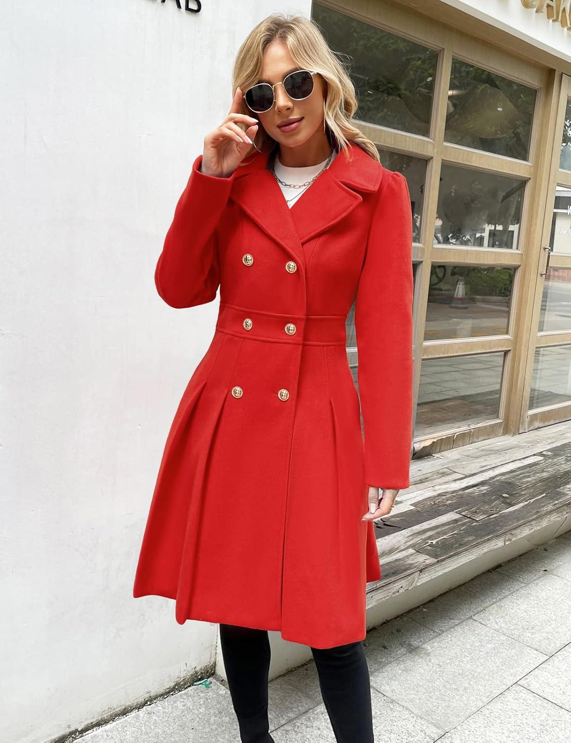 imageGRACE KARIN 2024 Womens Fashion Trench Coat Notch Lapel Double Breasted Thick A Line Pea Coats Jacket with PocketsS2XLRed