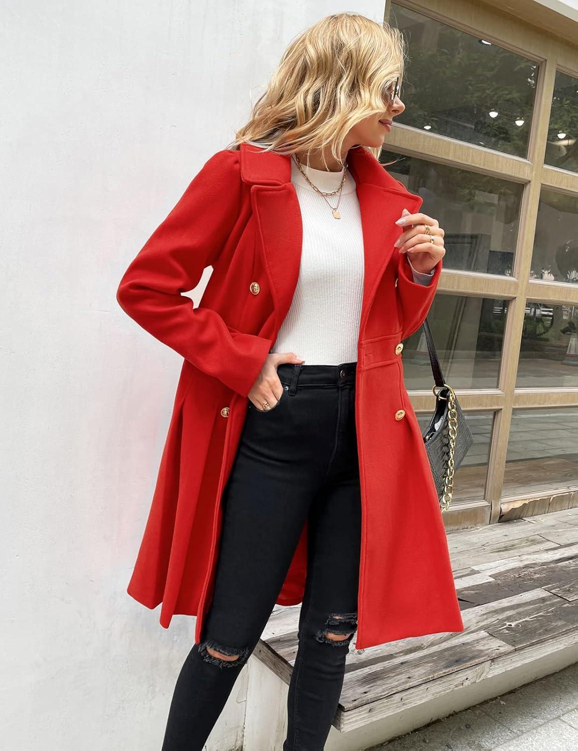 imageGRACE KARIN 2024 Womens Fashion Trench Coat Notch Lapel Double Breasted Thick A Line Pea Coats Jacket with PocketsS2XLRed