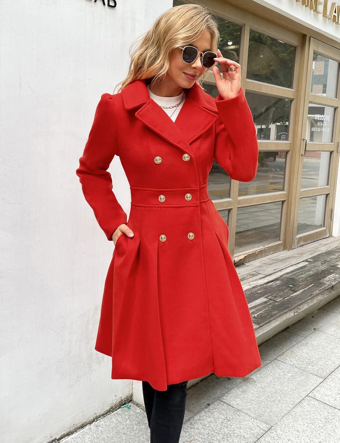 imageGRACE KARIN 2024 Womens Fashion Trench Coat Notch Lapel Double Breasted Thick A Line Pea Coats Jacket with PocketsS2XLRed