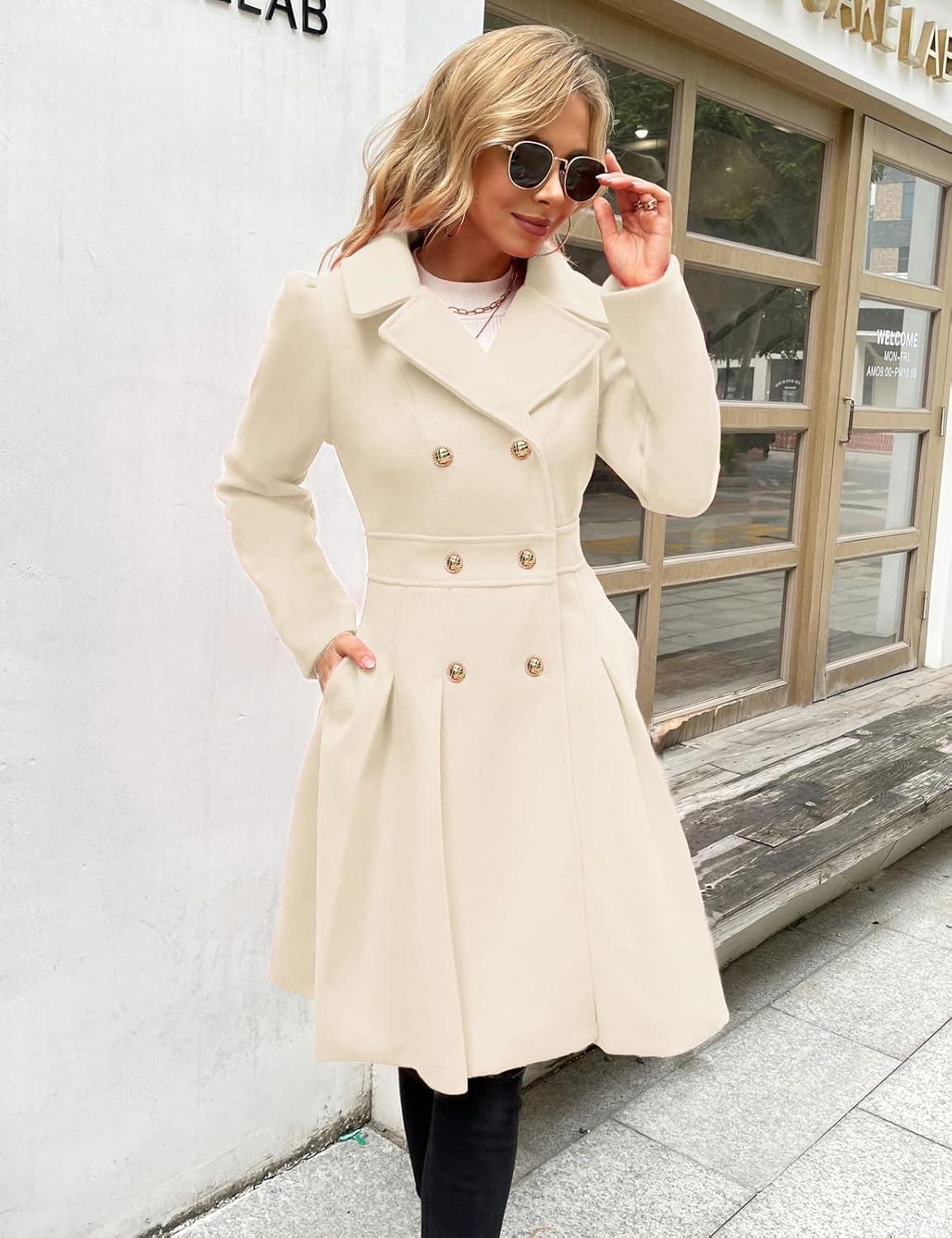 imageGRACE KARIN 2024 Womens Fashion Trench Coat Notch Lapel Double Breasted Thick A Line Pea Coats Jacket with PocketsS2XLWhite