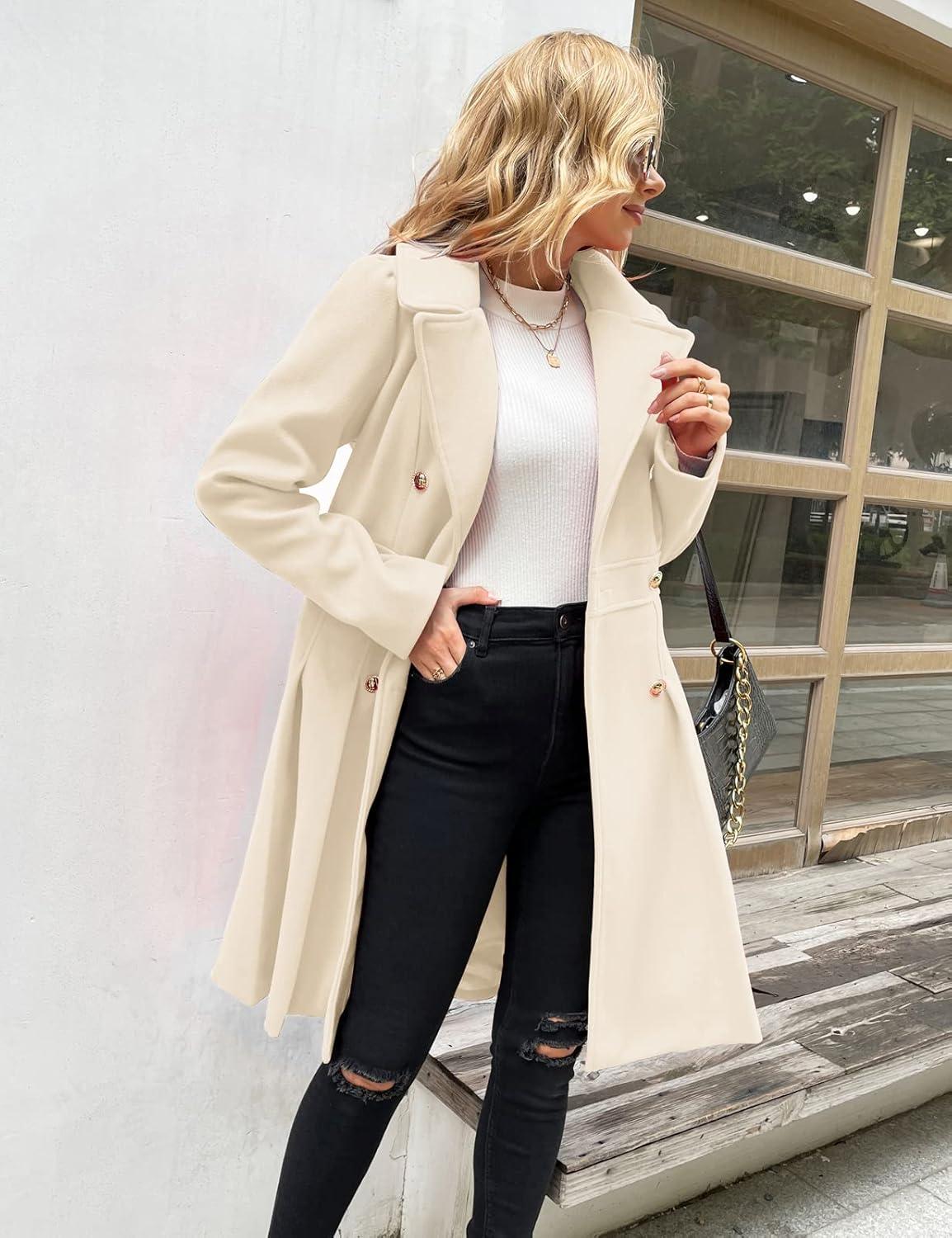 imageGRACE KARIN 2024 Womens Fashion Trench Coat Notch Lapel Double Breasted Thick A Line Pea Coats Jacket with PocketsS2XLWhite