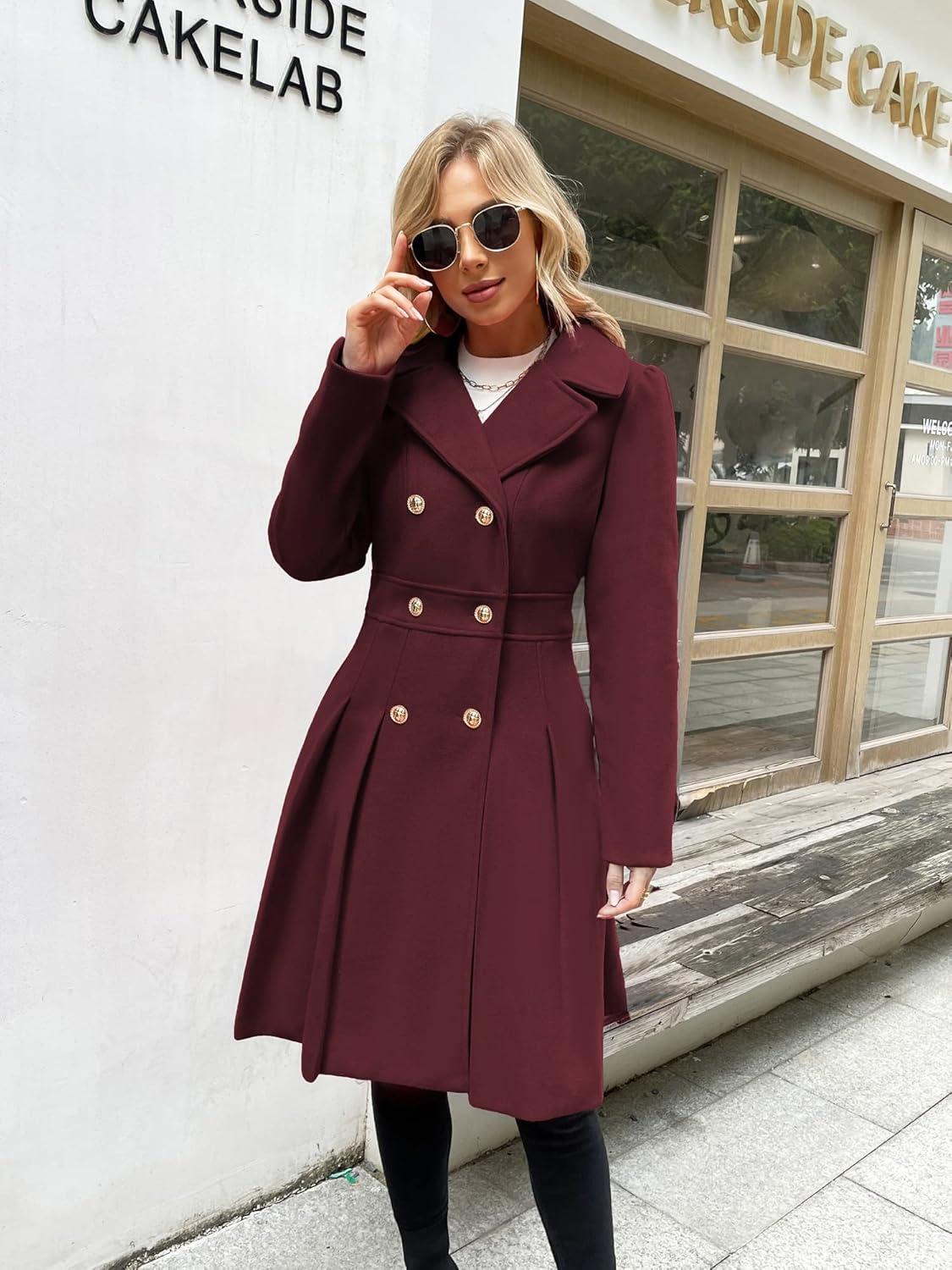 imageGRACE KARIN 2024 Womens Fashion Trench Coat Notch Lapel Double Breasted Thick A Line Pea Coats Jacket with PocketsS2XLWine Red