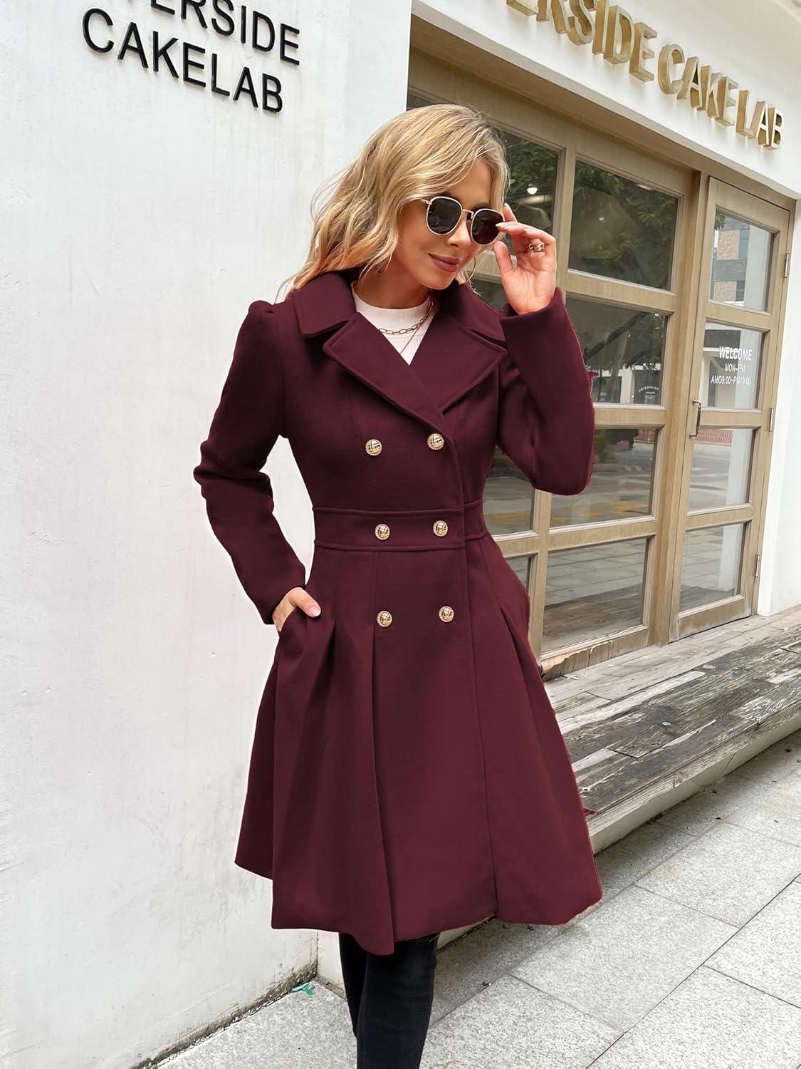 imageGRACE KARIN 2024 Womens Fashion Trench Coat Notch Lapel Double Breasted Thick A Line Pea Coats Jacket with PocketsS2XLWine Red