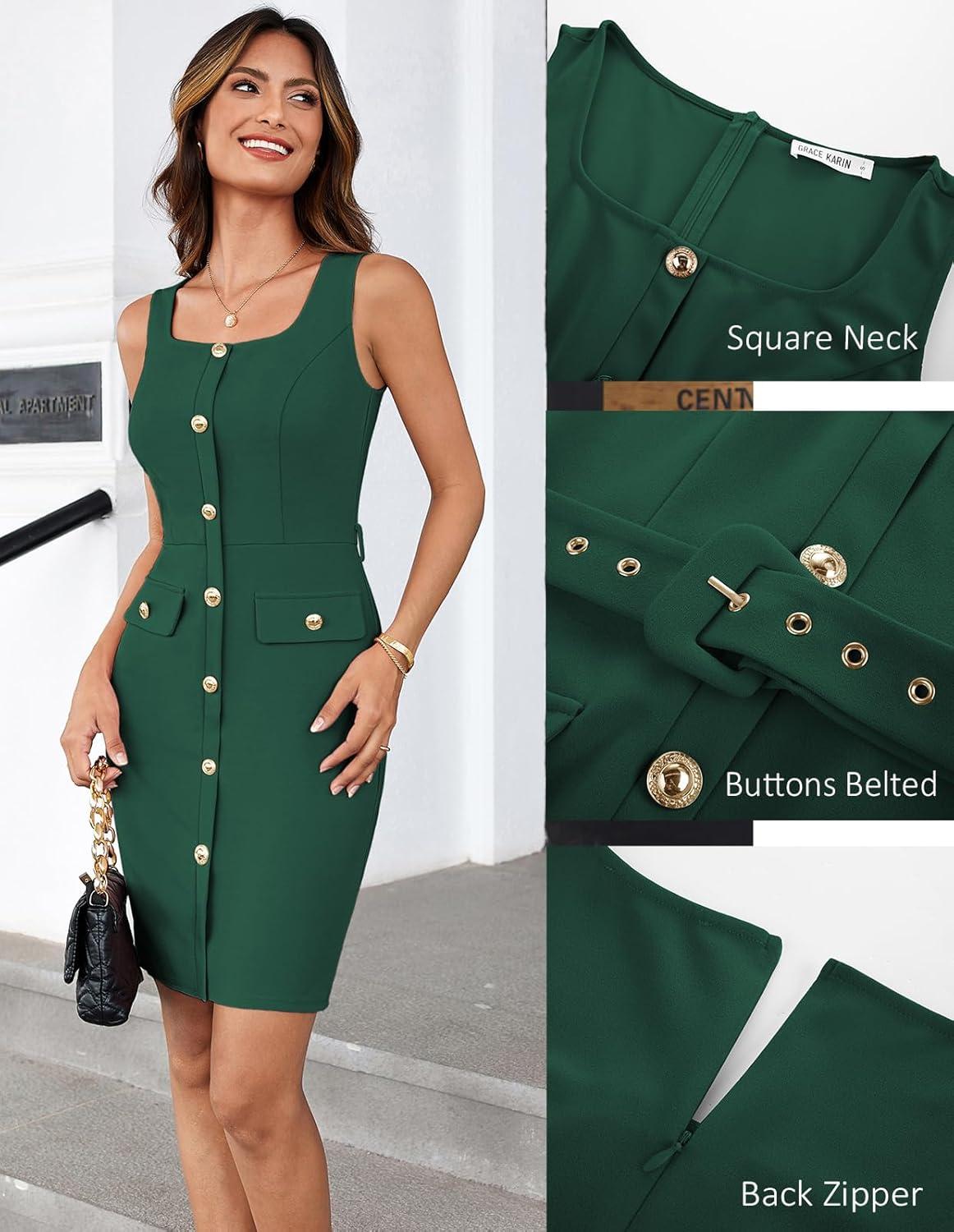 imageGRACE KARIN 2025 Womens Buttons Belted Square Neck Business Work Dress Sleeveless Bodycon Midi DressDark Green