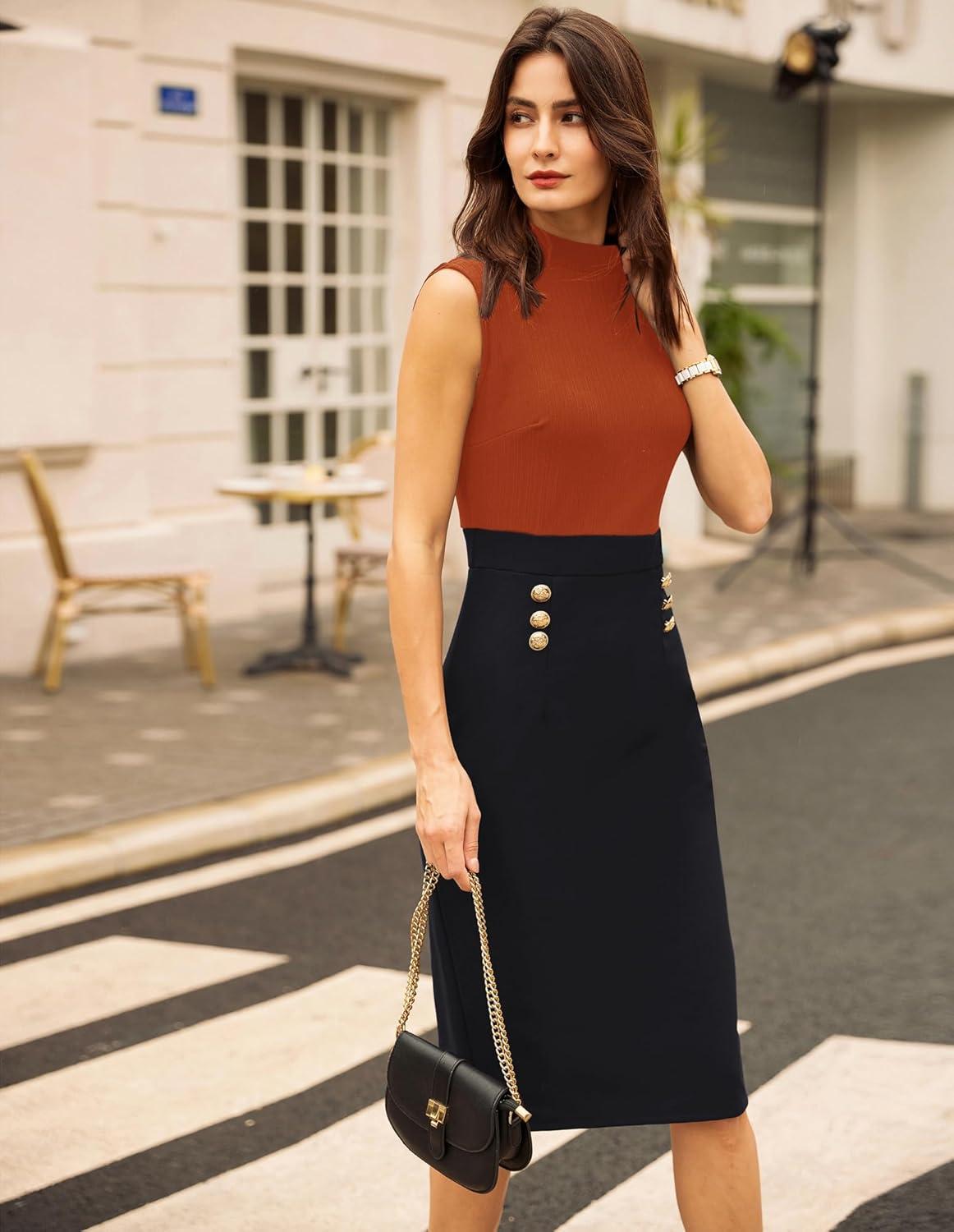 imageGRACE KARIN 2025 Womens Lightweight Mock Neck Business Work Dress Sleeveless Double Breasted Bodycon Midi DressOrangeblack