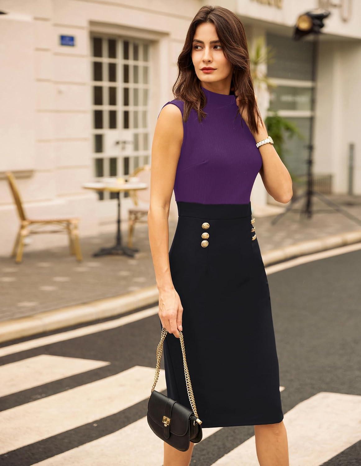 imageGRACE KARIN 2025 Womens Lightweight Mock Neck Business Work Dress Sleeveless Double Breasted Bodycon Midi DressPurpleblack