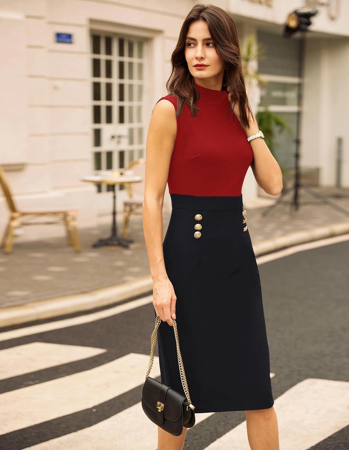 imageGRACE KARIN 2025 Womens Lightweight Mock Neck Business Work Dress Sleeveless Double Breasted Bodycon Midi DressRedblack