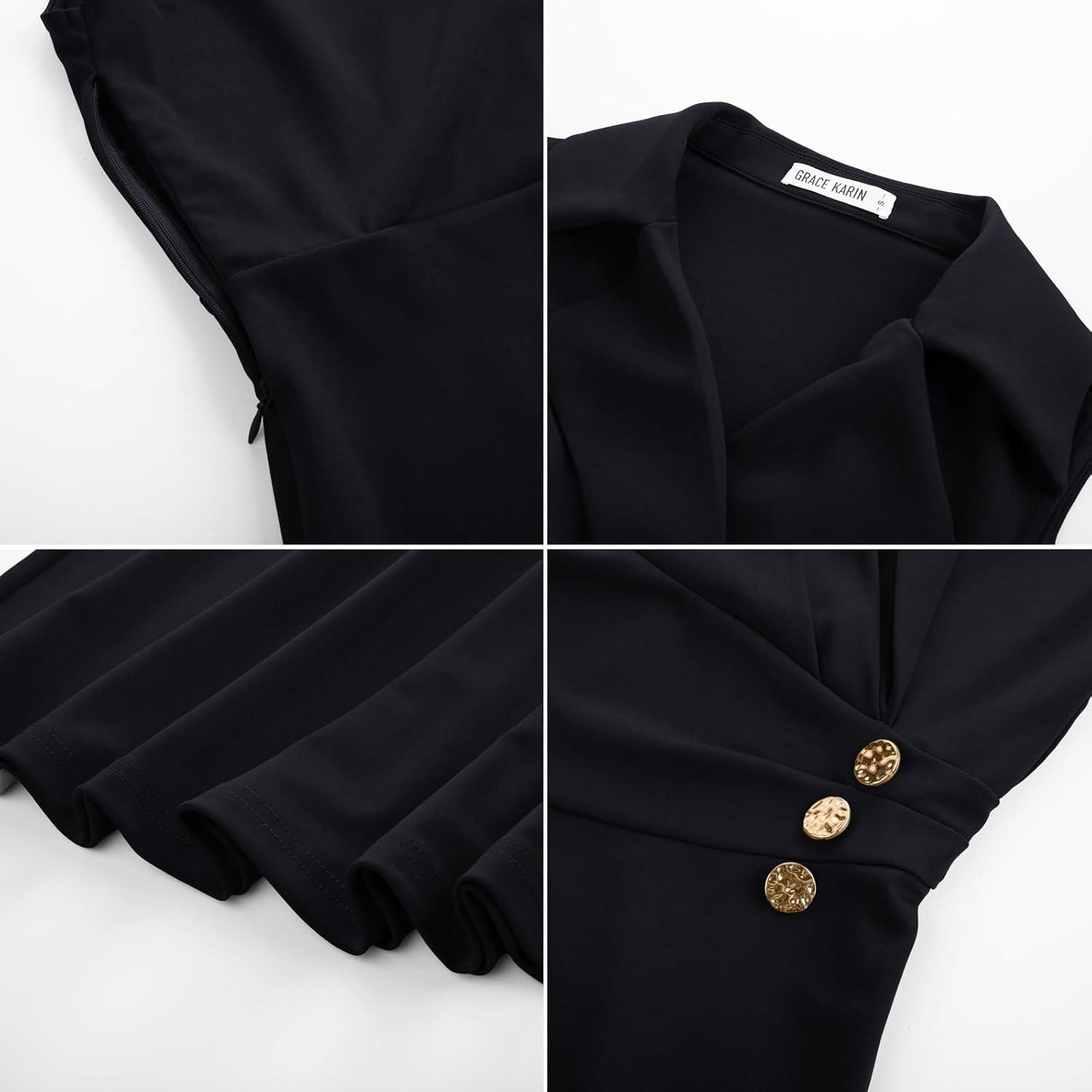 imageGRACE KARIN 2025 Womens Notch Lapel Ruched Wrap V Neck Business Work Dress Sleeveless A Line Midi DressBlack