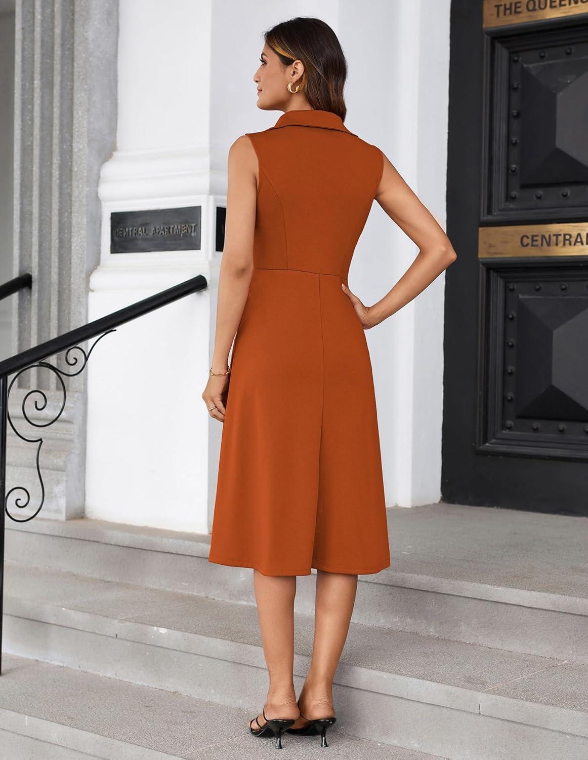 imageGRACE KARIN 2025 Womens Notch Lapel Ruched Wrap V Neck Business Work Dress Sleeveless A Line Midi DressOrange
