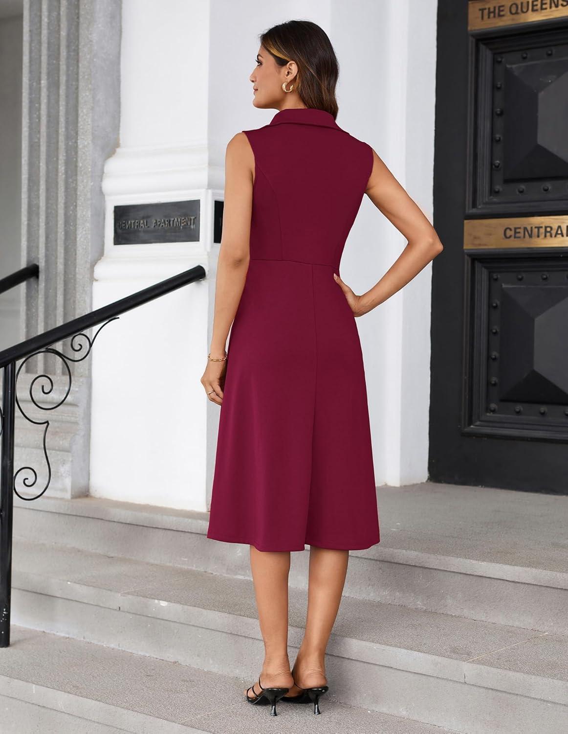 imageGRACE KARIN 2025 Womens Notch Lapel Ruched Wrap V Neck Business Work Dress Sleeveless A Line Midi DressWine Red