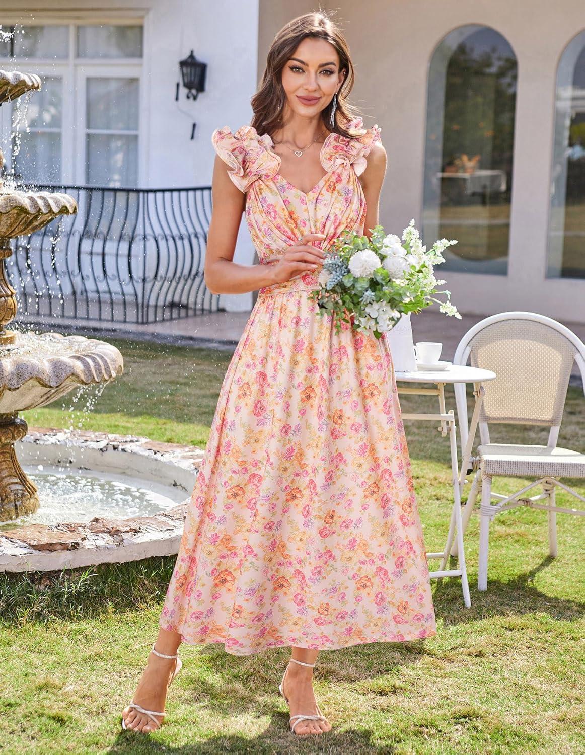 imageGRACE KARIN 2025 Womens Summer Floral Print Dress Sleeveless Casual Flowy Sundress A Line Ruffle Wedding Guest OutfitApricot Floral