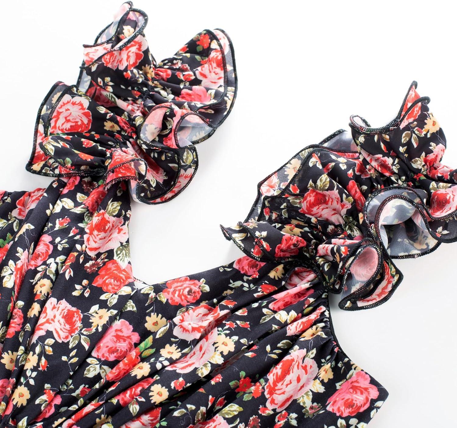 imageGRACE KARIN 2025 Womens Summer Floral Print Dress Sleeveless Casual Flowy Sundress A Line Ruffle Wedding Guest OutfitBlack Red