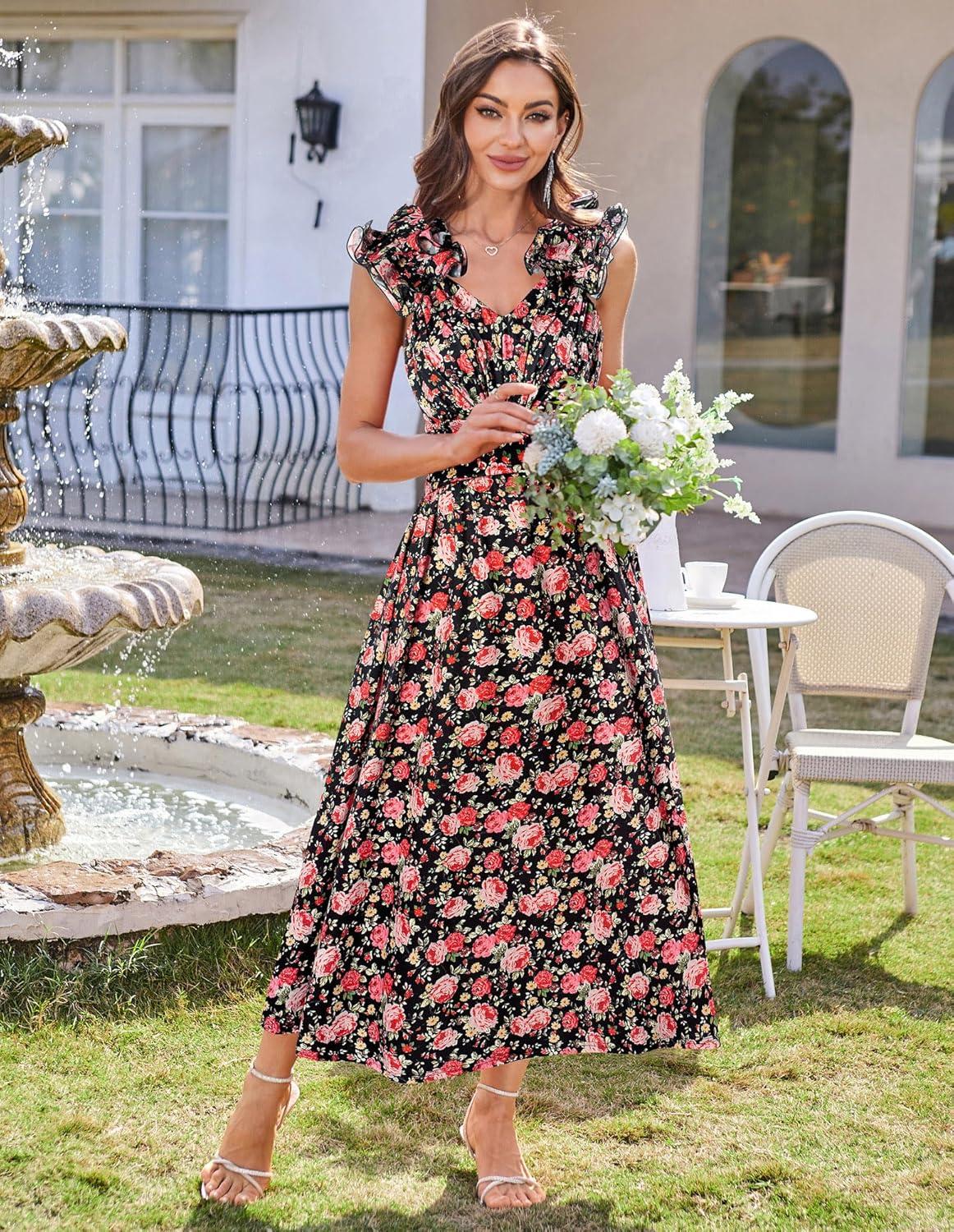 imageGRACE KARIN 2025 Womens Summer Floral Print Dress Sleeveless Casual Flowy Sundress A Line Ruffle Wedding Guest OutfitBlack Red