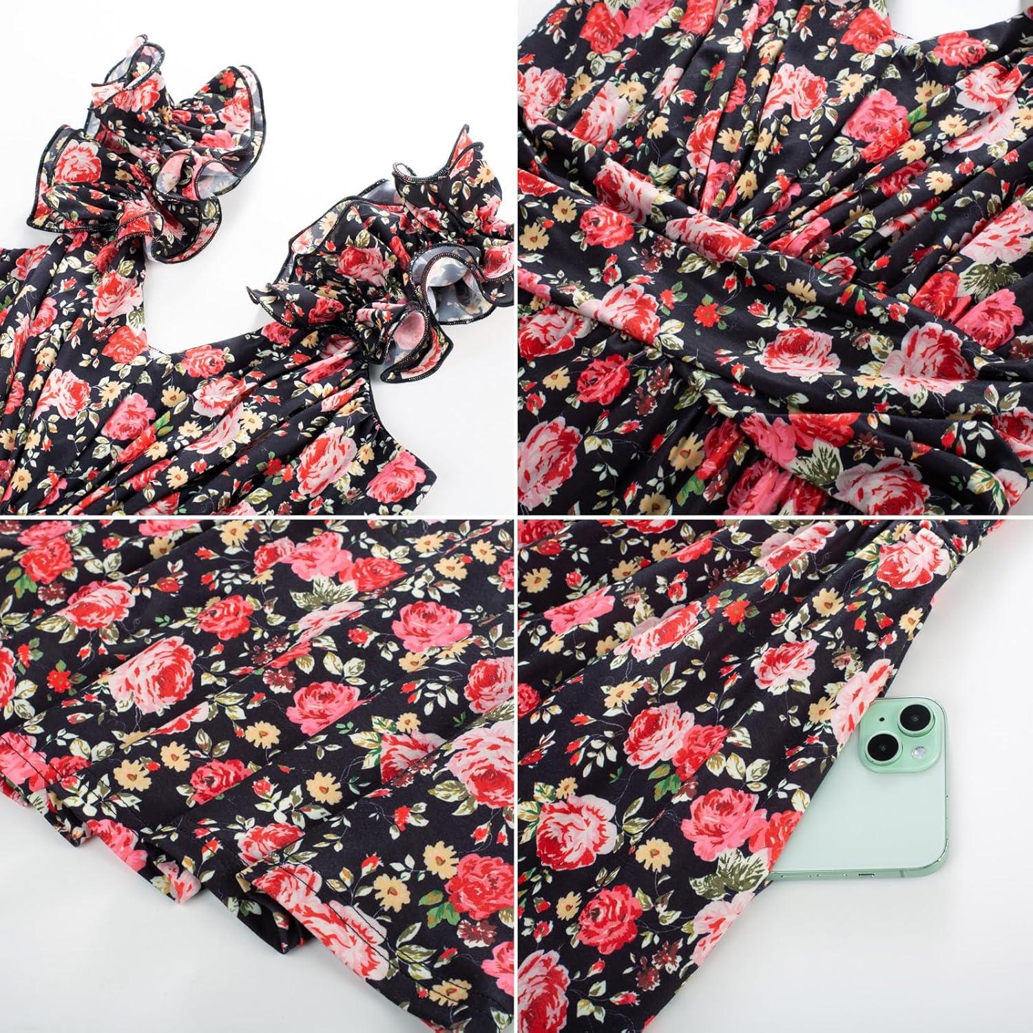 imageGRACE KARIN 2025 Womens Summer Floral Print Dress Sleeveless Casual Flowy Sundress A Line Ruffle Wedding Guest OutfitBlack Red