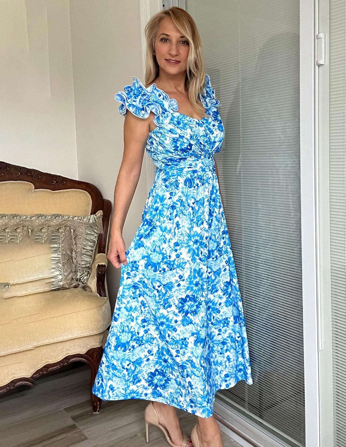 imageGRACE KARIN 2025 Womens Summer Floral Print Dress Sleeveless Casual Flowy Sundress A Line Ruffle Wedding Guest OutfitBlue Floral