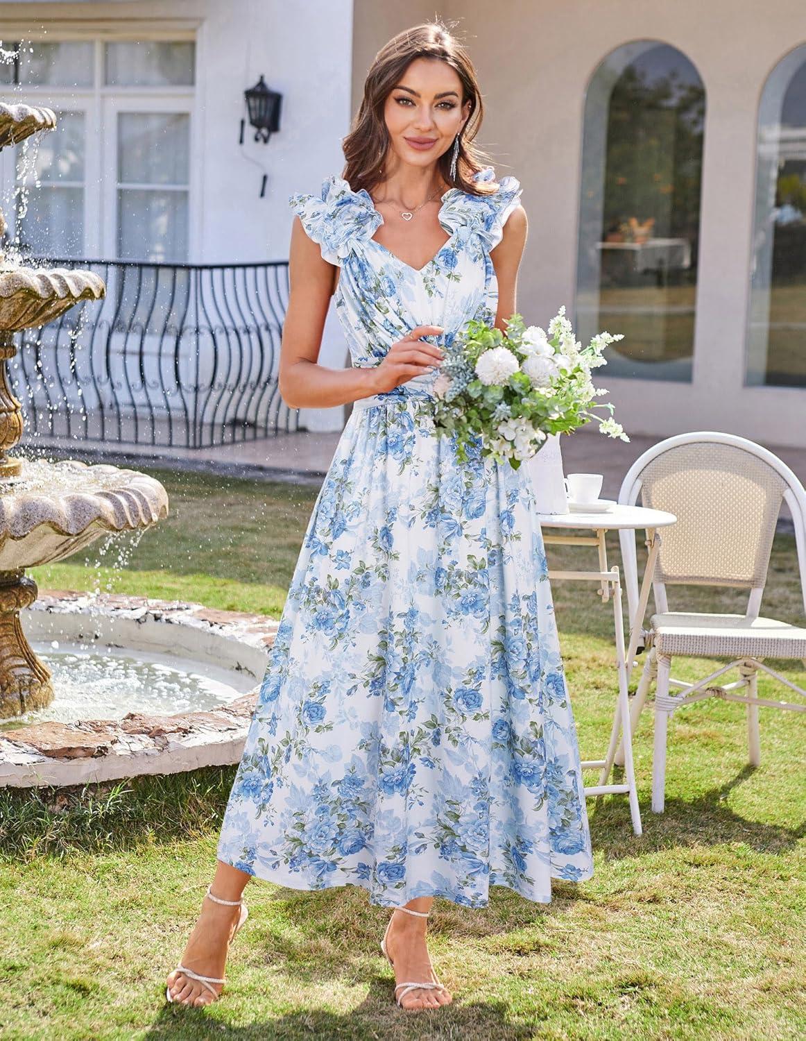 imageGRACE KARIN 2025 Womens Summer Floral Print Dress Sleeveless Casual Flowy Sundress A Line Ruffle Wedding Guest OutfitBlue Green
