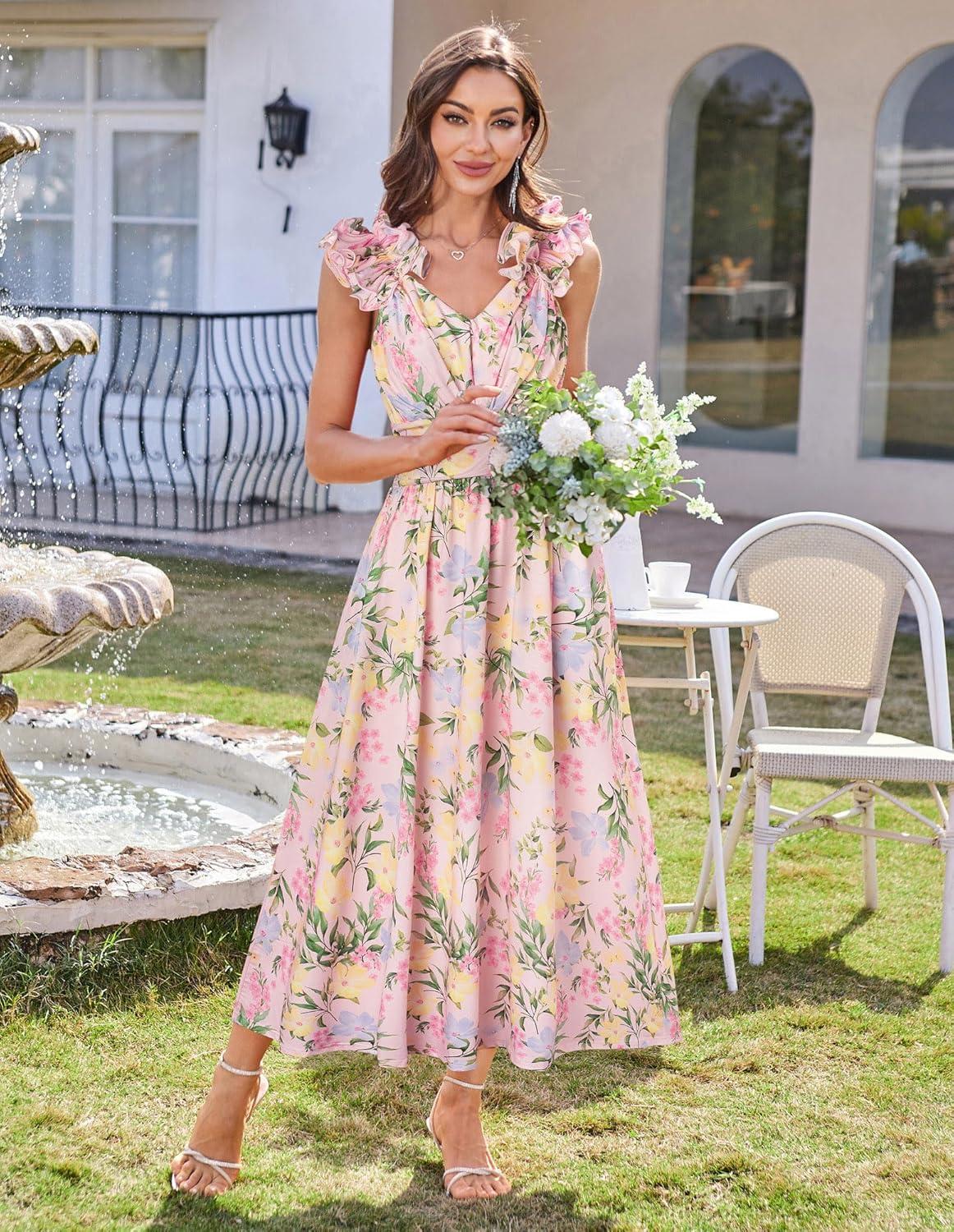 imageGRACE KARIN 2025 Womens Summer Floral Print Dress Sleeveless Casual Flowy Sundress A Line Ruffle Wedding Guest OutfitBlue Yellow