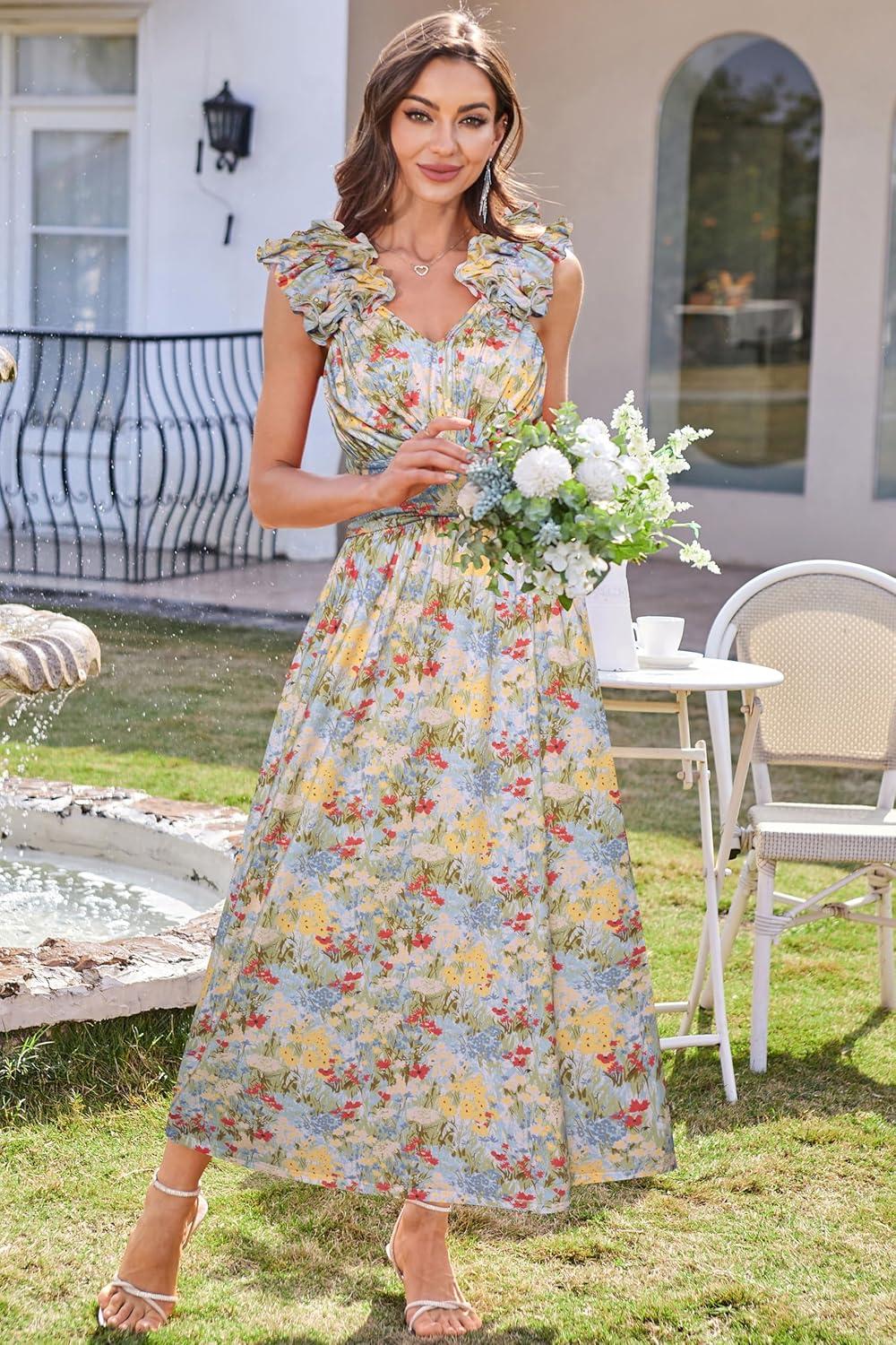imageGRACE KARIN 2025 Womens Summer Floral Print Dress Sleeveless Casual Flowy Sundress A Line Ruffle Wedding Guest OutfitBlue Yellow Floral
