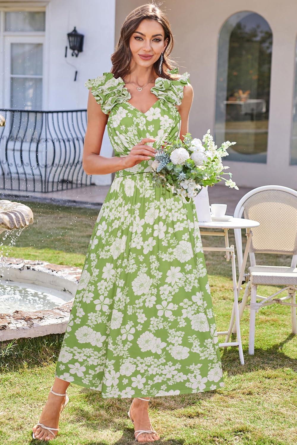 imageGRACE KARIN 2025 Womens Summer Floral Print Dress Sleeveless Casual Flowy Sundress A Line Ruffle Wedding Guest OutfitGreen Floral