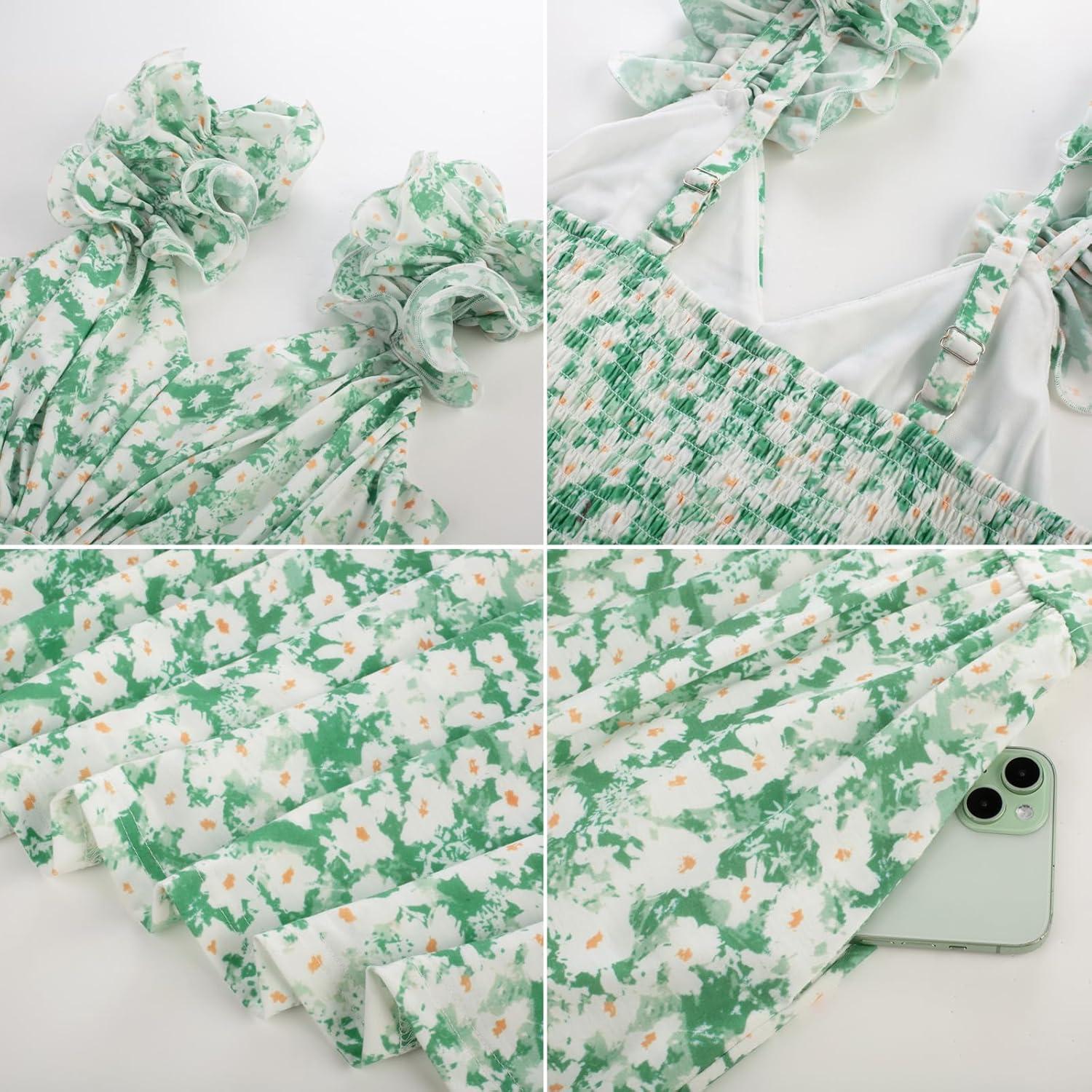 imageGRACE KARIN 2025 Womens Summer Floral Print Dress Sleeveless Casual Flowy Sundress A Line Ruffle Wedding Guest OutfitGreen White Floral