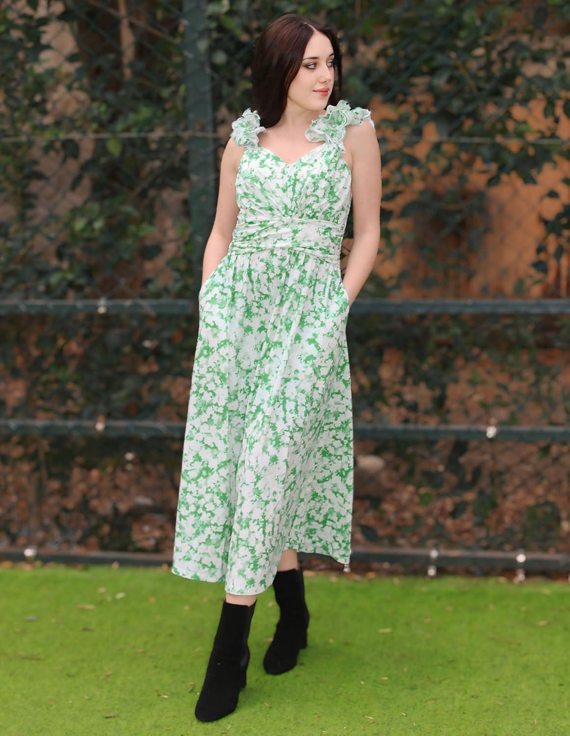 imageGRACE KARIN 2025 Womens Summer Floral Print Dress Sleeveless Casual Flowy Sundress A Line Ruffle Wedding Guest OutfitGreen White Floral
