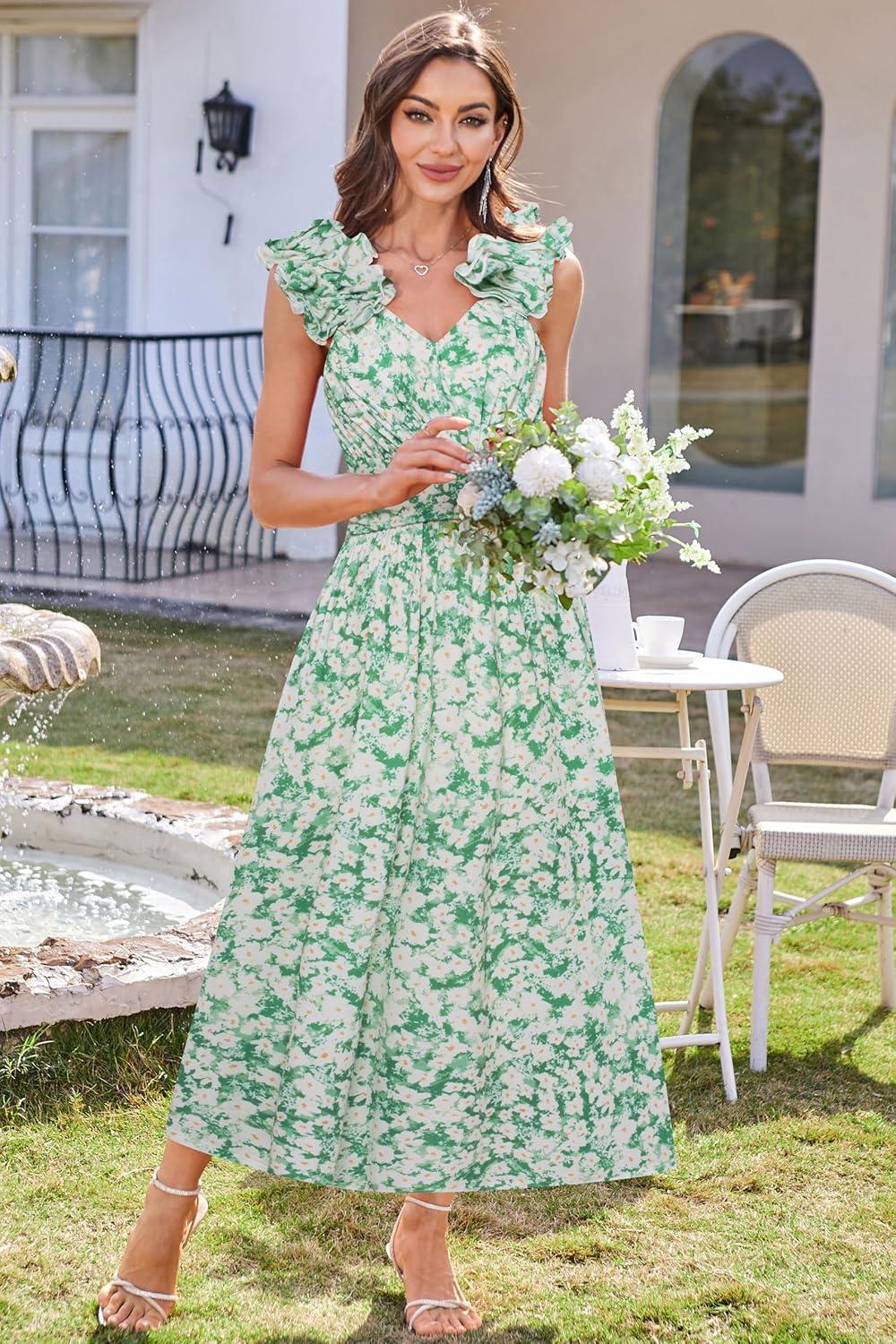 imageGRACE KARIN 2025 Womens Summer Floral Print Dress Sleeveless Casual Flowy Sundress A Line Ruffle Wedding Guest OutfitGreen White Floral