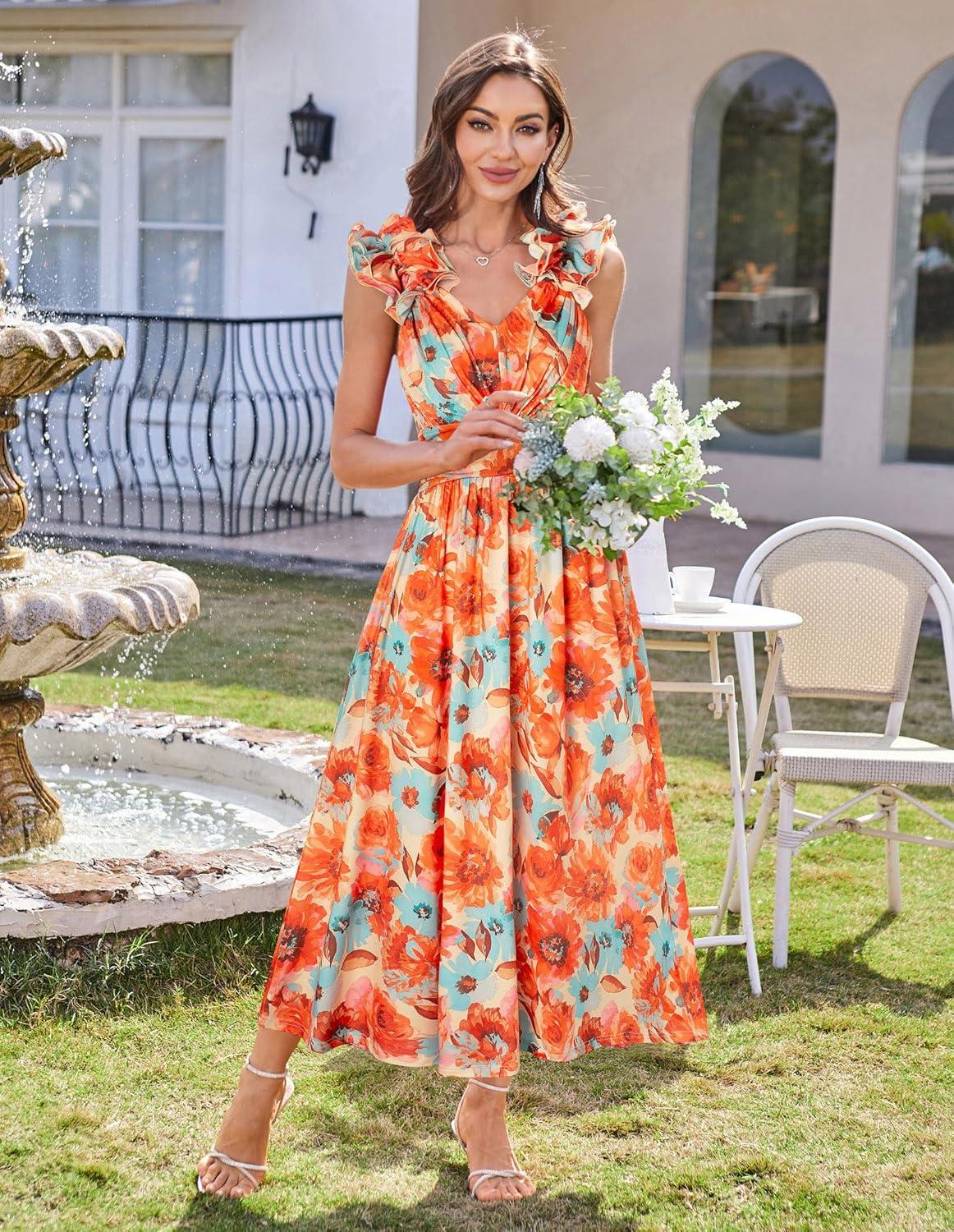 imageGRACE KARIN 2025 Womens Summer Floral Print Dress Sleeveless Casual Flowy Sundress A Line Ruffle Wedding Guest OutfitOrange Floral